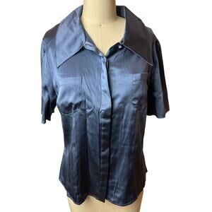 St. John Silk Lycra Button Front Blouse Shirt Gray Blue Size 14 Short Sleeve